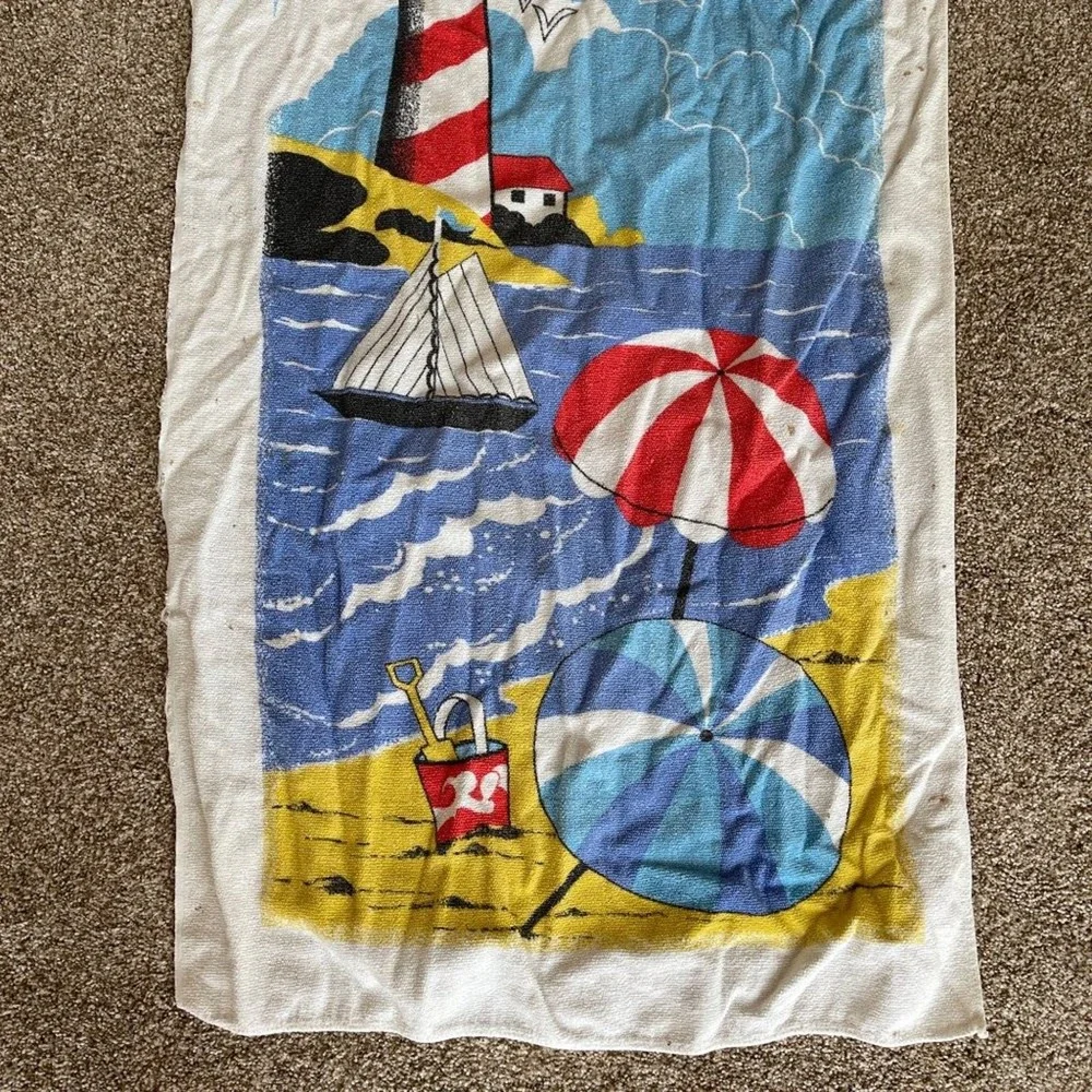 Vintage Beach Scene Towel Terry Cloth Lighthouse Seagulls Sailboat 46x25 Stains